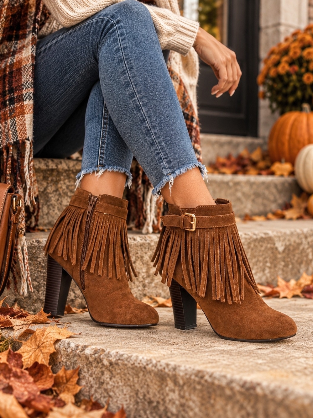 Brown Fringe Ankle Booties Suede Look Western Boho Buckle Block Heel Size 7